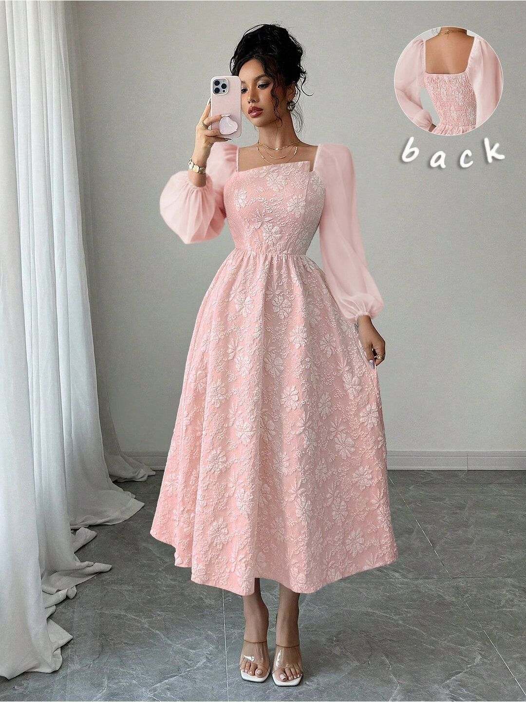 Floral Print Puff Sleeve Fit & Flare Midi Dress