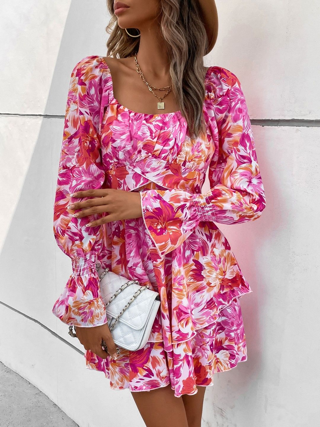 Floral Print Puff Sleeve Fit & Flare Mini Dress in Pink - Nowi Korean Fashion