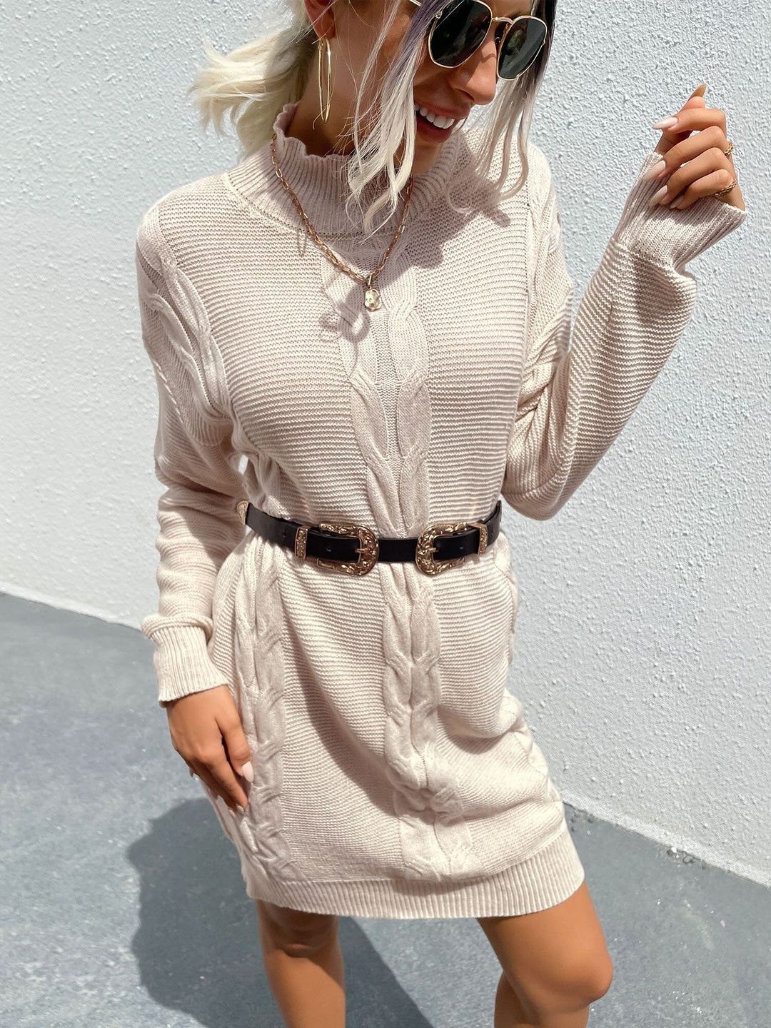 Women's Beige Cable Knit Pullover Printed Regular Fit