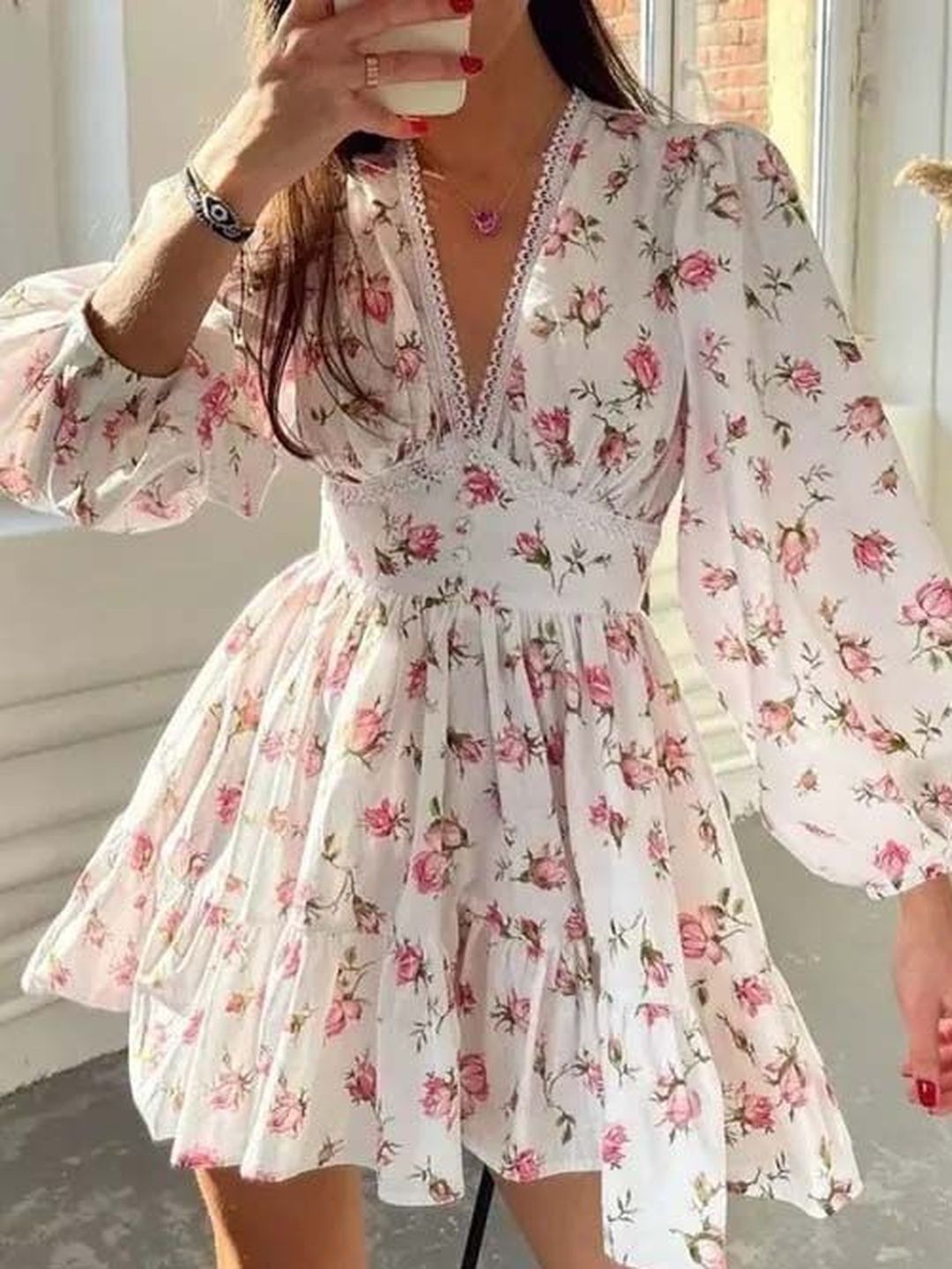 Floral Print Puff Sleeve Ruffled Fit & Flare Mini Dress