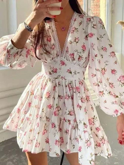 Floral Print Puff Sleeve Ruffled Fit & Flare Mini Dress