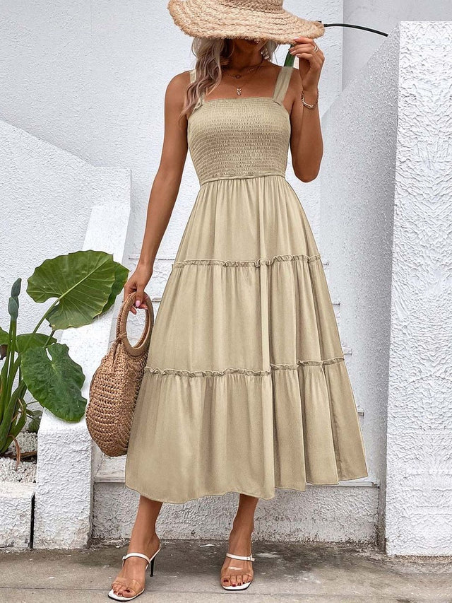 A-Line Midi Dress in Beige polyester Style 845 - Nowi Korean Fashion