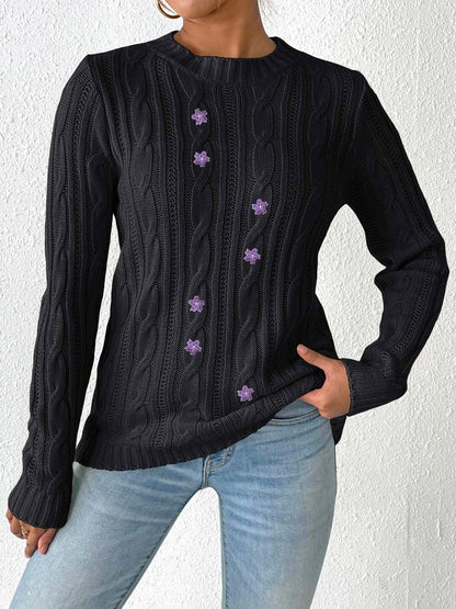Women Cable Knit Pullover with Embroidered Detail