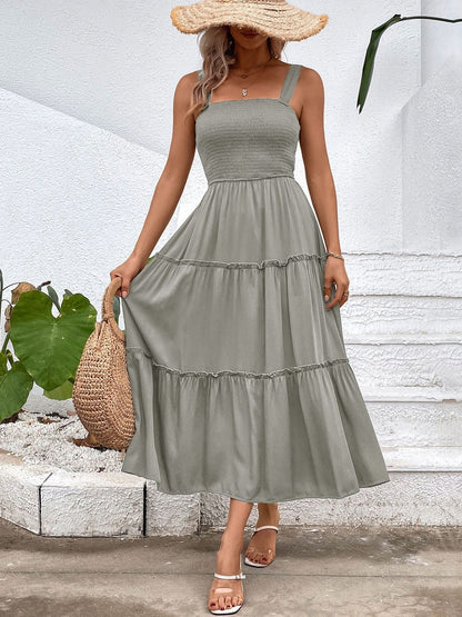 A-Line Midi Dress in Grey silk - Nowi Korean Fashion