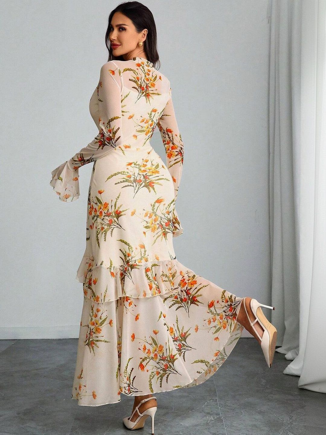 Floral Print Flared Sleeve Ruffled Maxi Dress