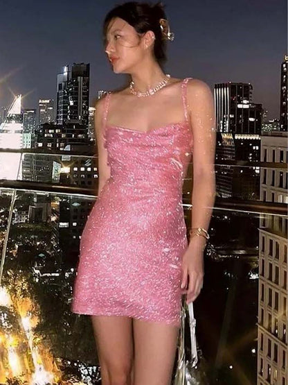 Cowl Neck Bodycon Mini Dress in Pink cotton - Nowi Korean Fashion