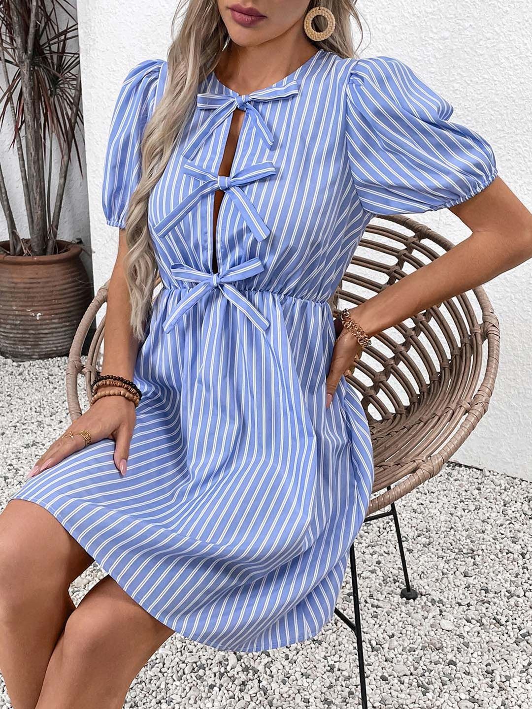 Striped Puff Sleeve A-Line Dress