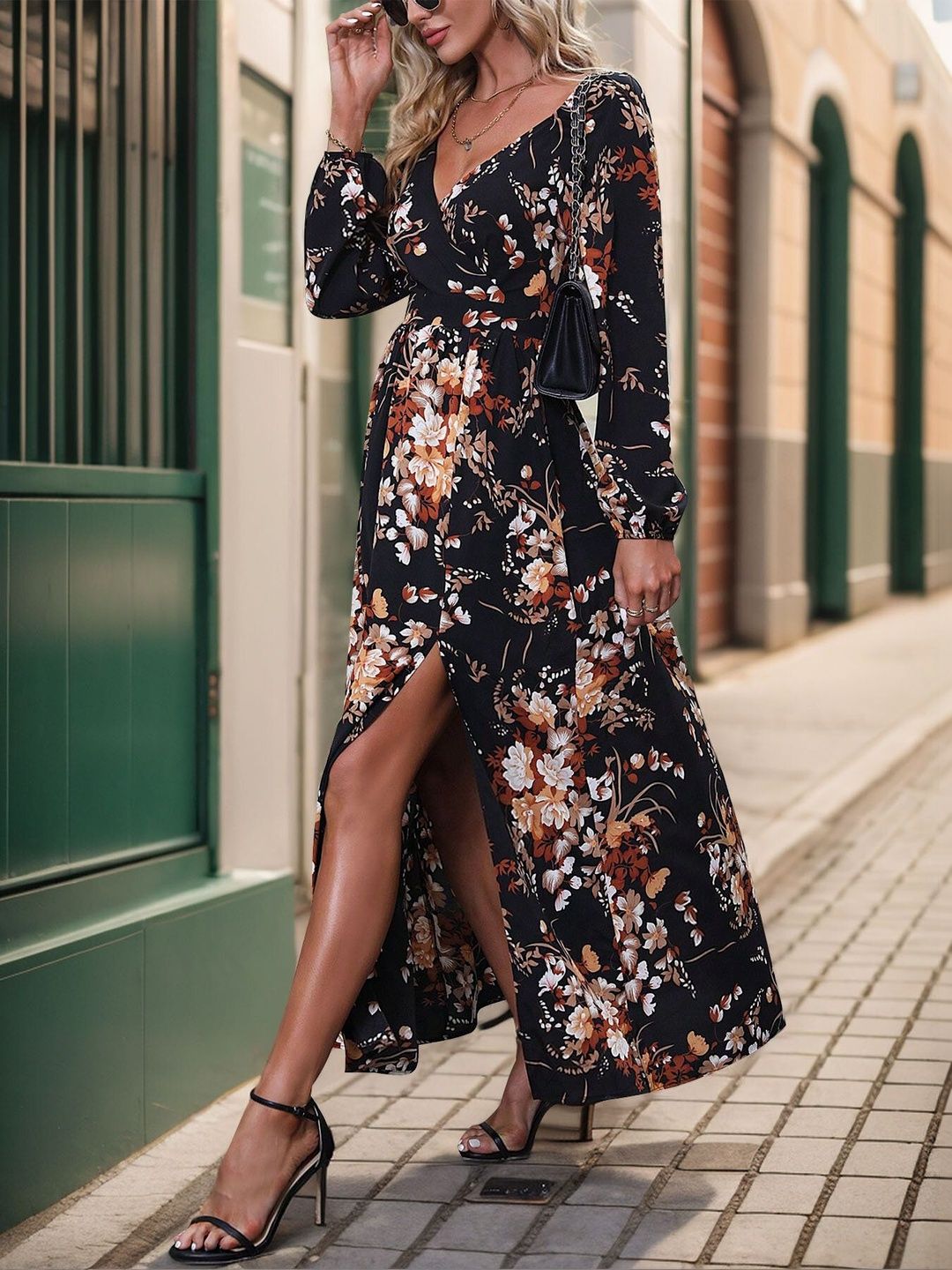 Women's Black Floral Print Maxi Dress Blend
