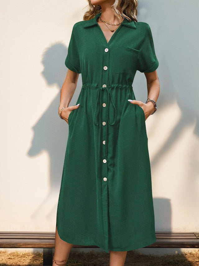Shirt Midi Dress in Green cotton - Nowi Korean Fashion
