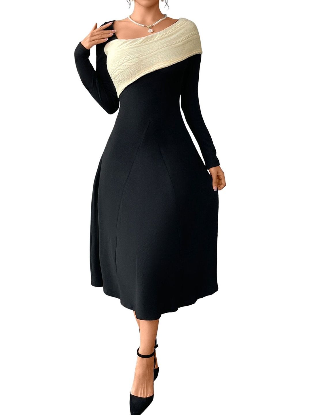 Women's Black A-Line Midi Dress Blend Printed