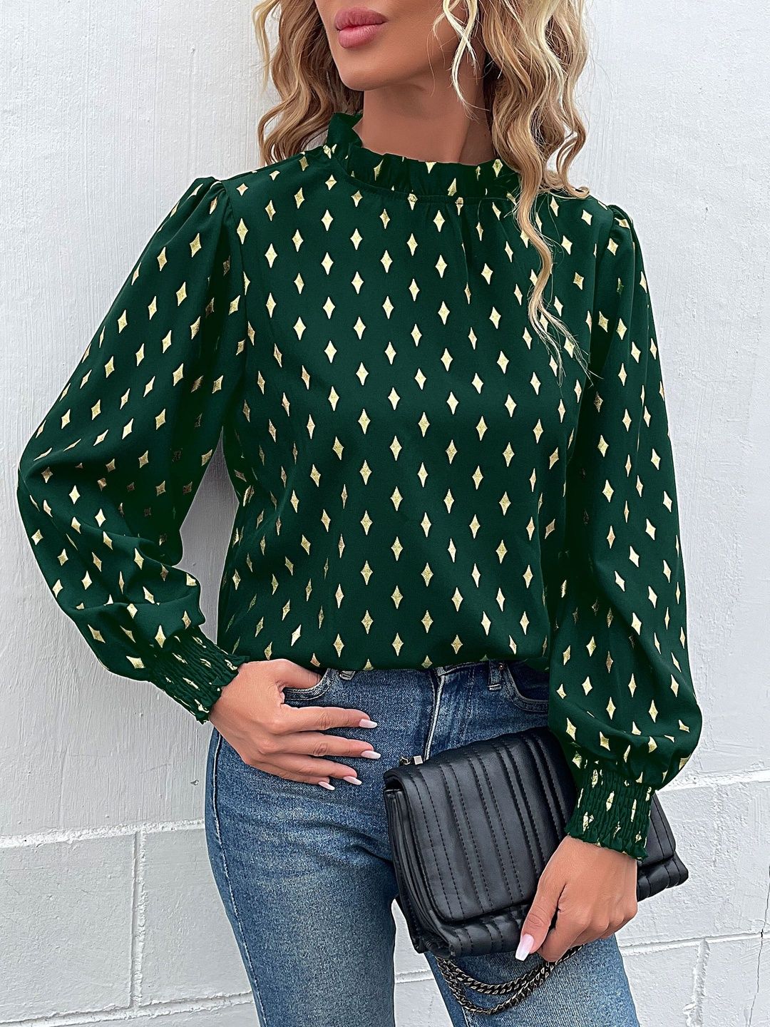 Geometric Print Puff Sleeve Ruffles Top in Green - Nowi Korean Fashion
