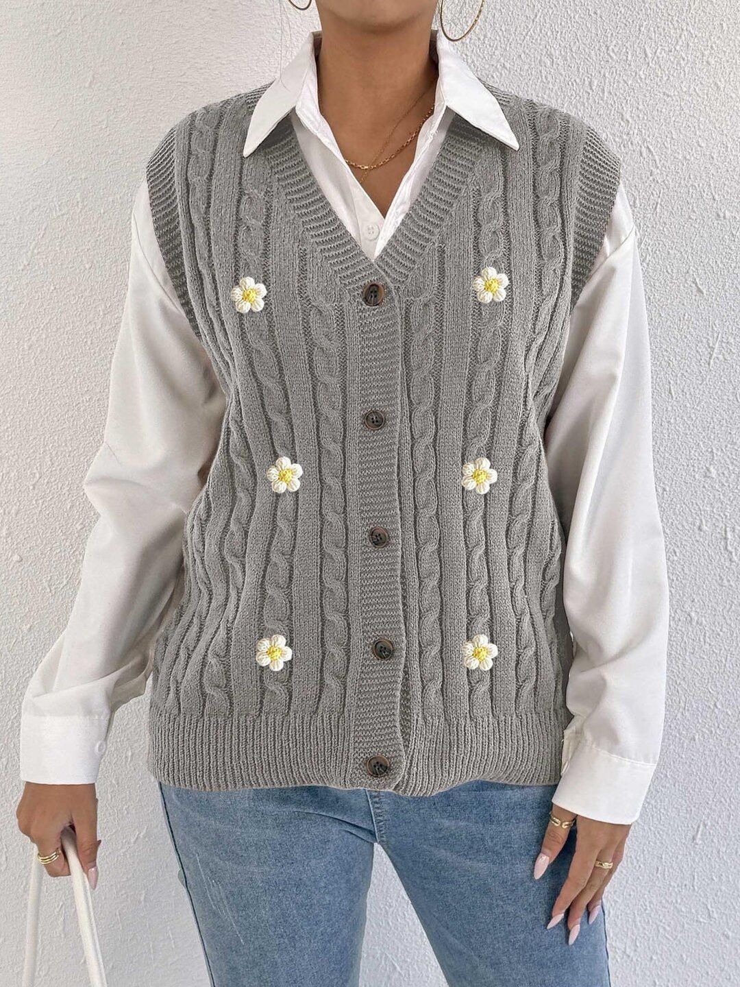 Women Cable Knit Sweater Vest with Embroidered Detail