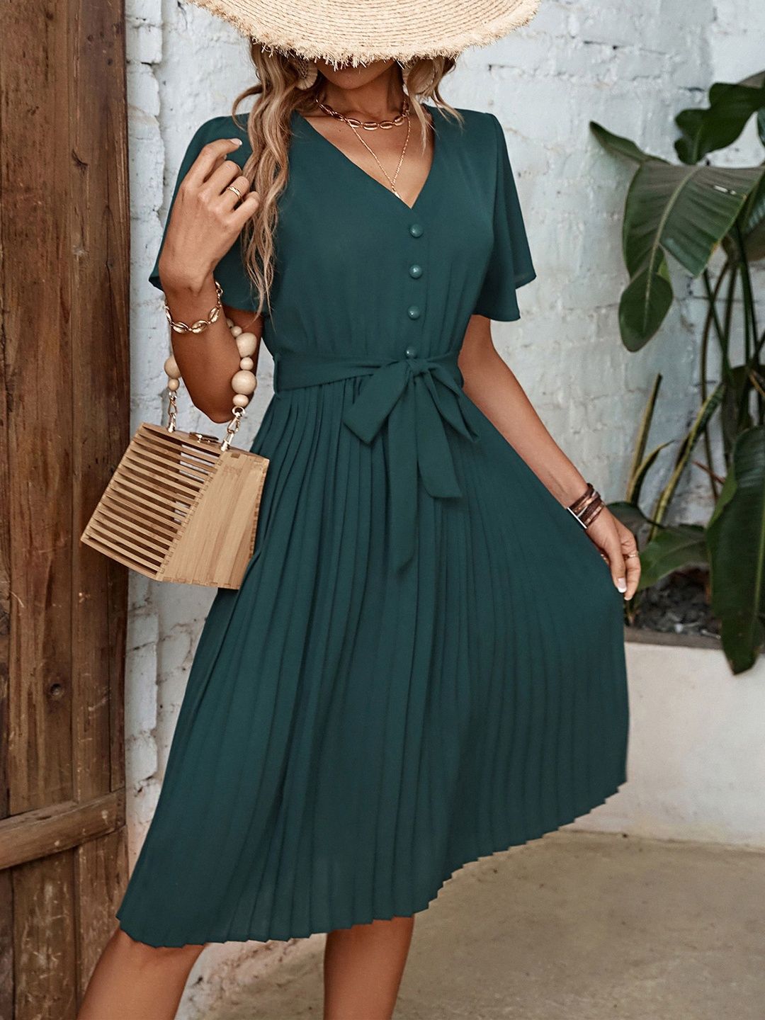 Flutter Sleeve Fit & Flare Midi Dress
