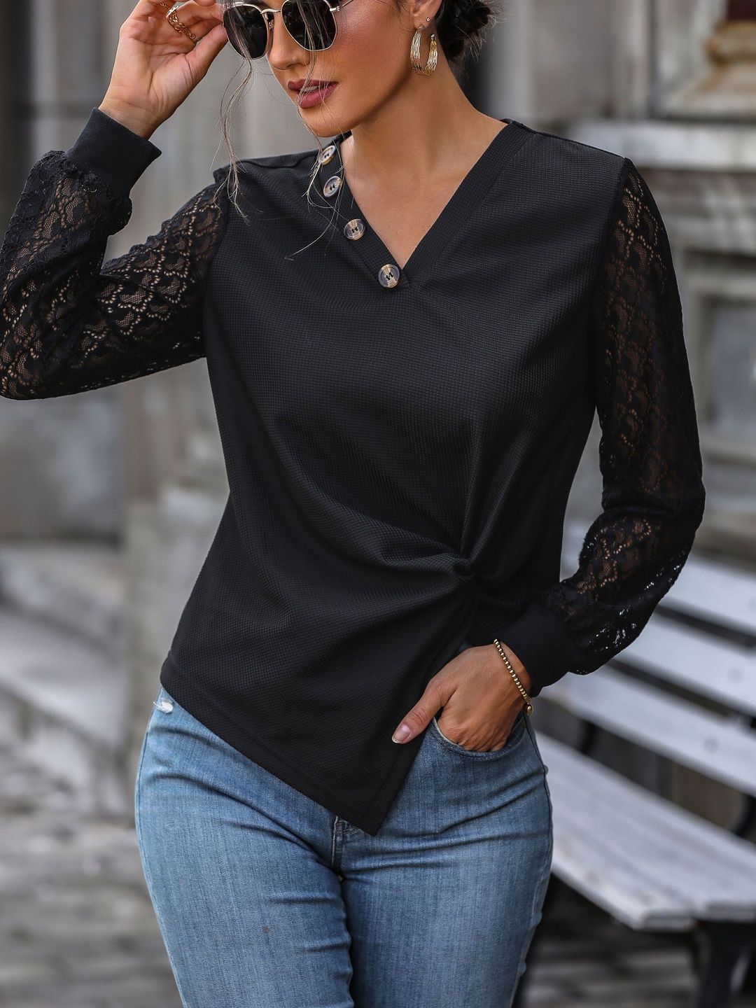 Women's Black Embellished Cotton Top