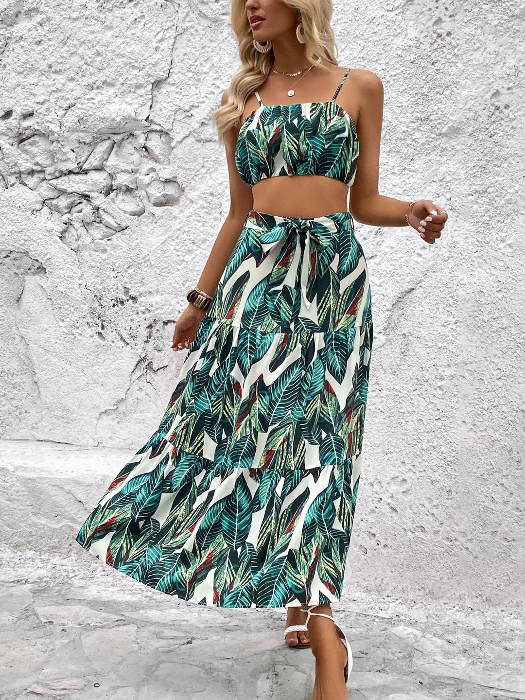 Printed Shoulder Straps Top & Skirt Co-Ords