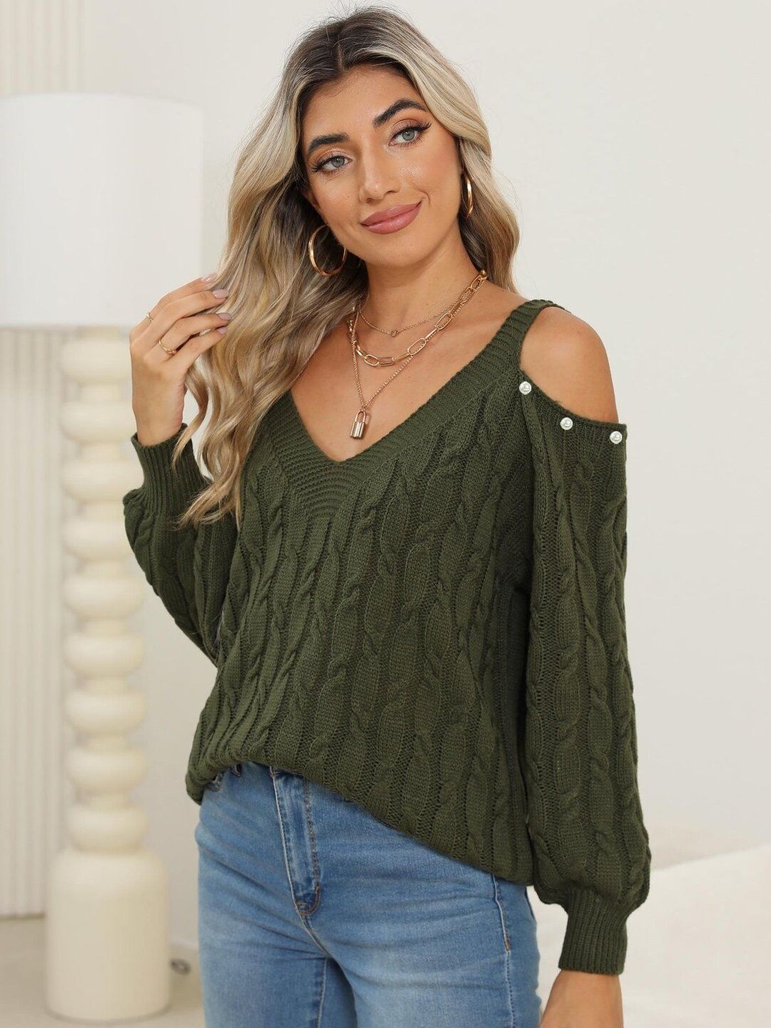 Cable Knit Pullover in Green acrylic - Nowi Korean Fashion