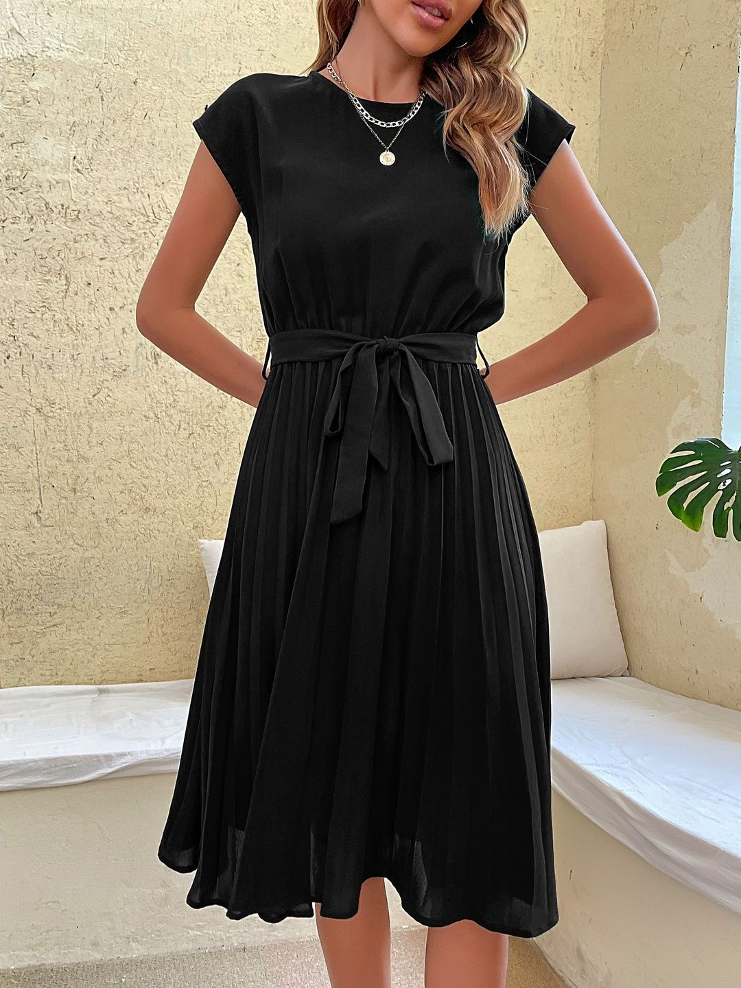 A-Line Midi Dress in Black cotton - Nowi Korean Fashion
