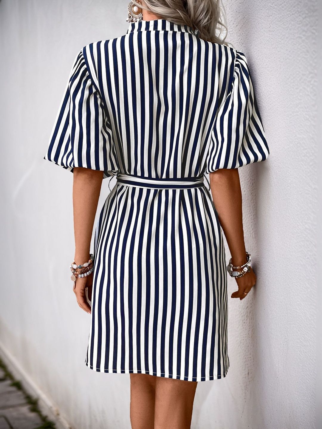 Striped Puff Sleeve Shirt Dress