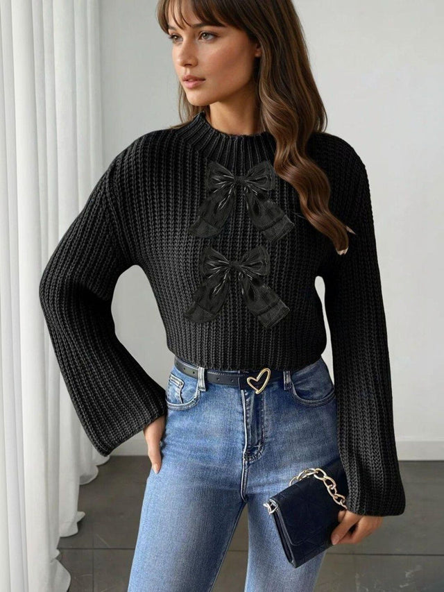 Ribbed Crop Pullover in Black acrylic Long Sleeve - Nowi Korean Fashion