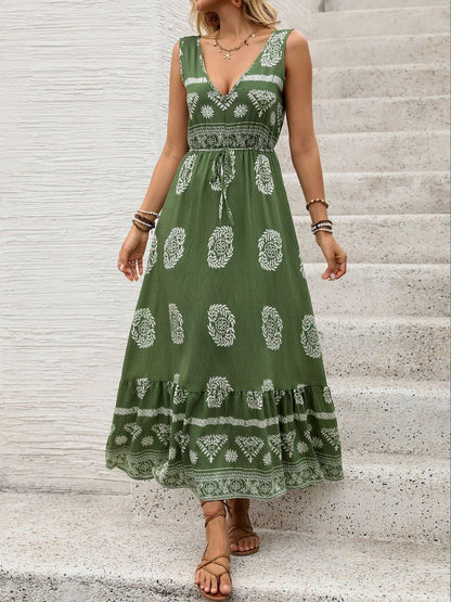 Green Bohemian Ethnic Maxi Dress cotton Printed - Nowi Korean Fashion