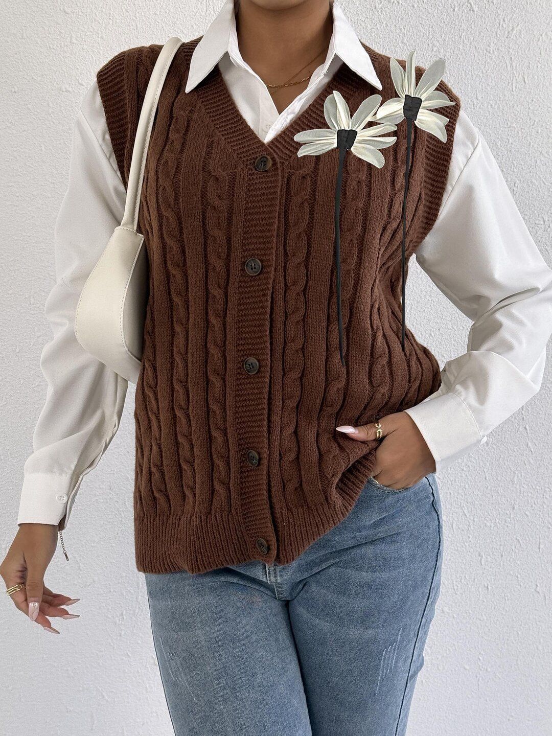 Women Cable Knit Sweater Vest with Embellished Detail