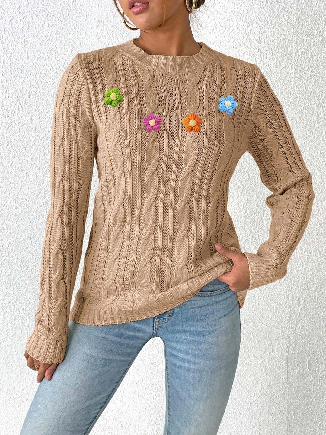 Women Cable Knit Pullover with Applique Detail