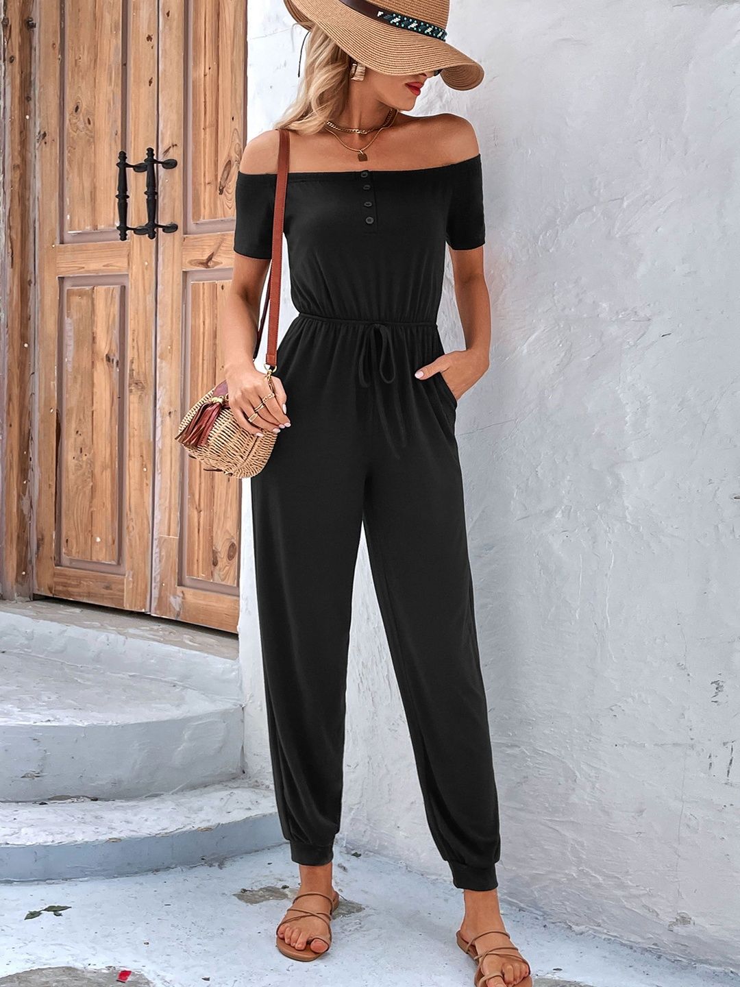 Off-Shoulder Basic Jumpsuit in Black cotton Short Sleeve - Nowi Korean Fashion
