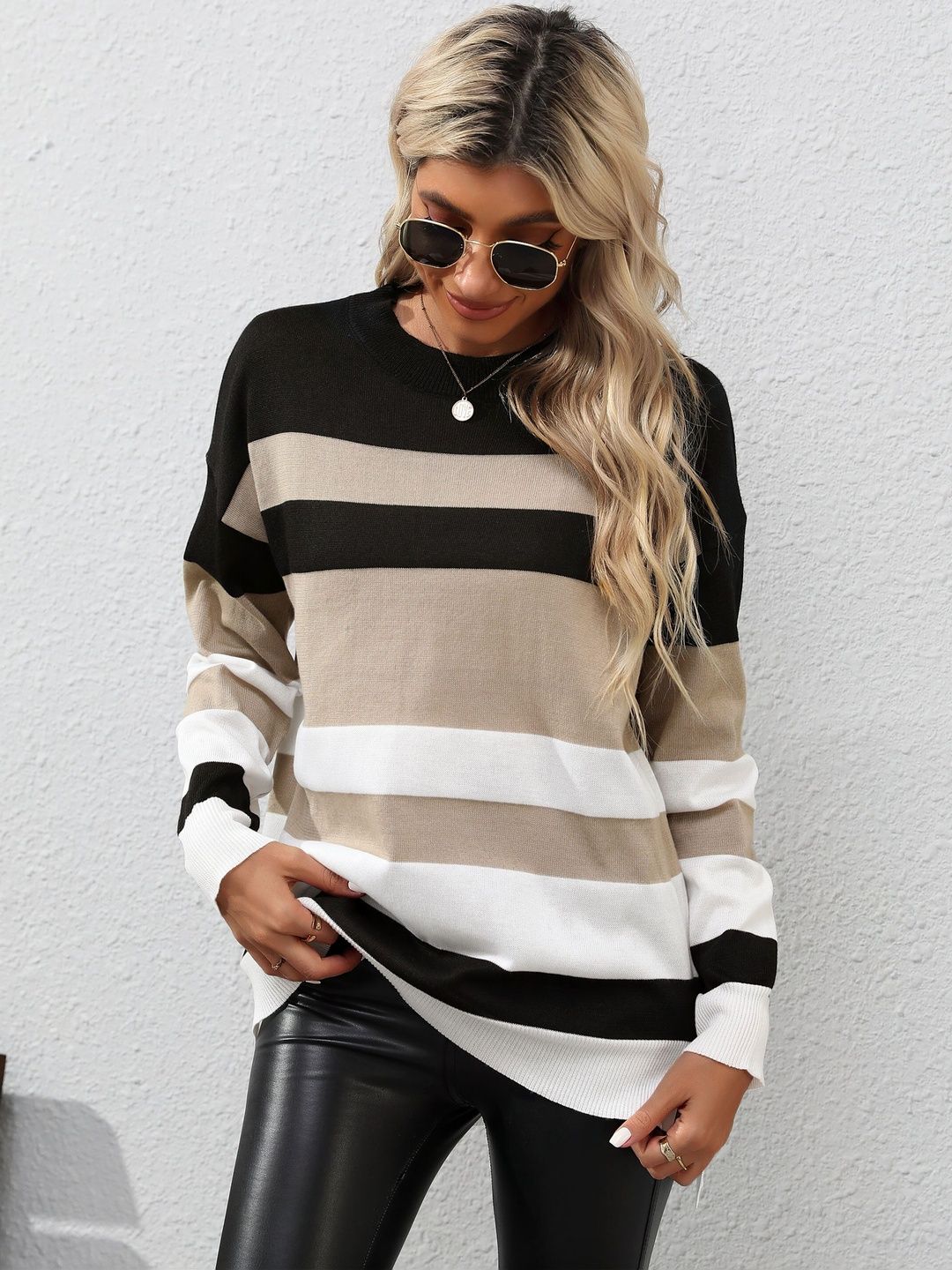 Women's Black Striped Pullover Blend Regular Fit