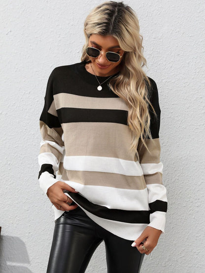 Women's Black Striped Pullover Blend Regular Fit
