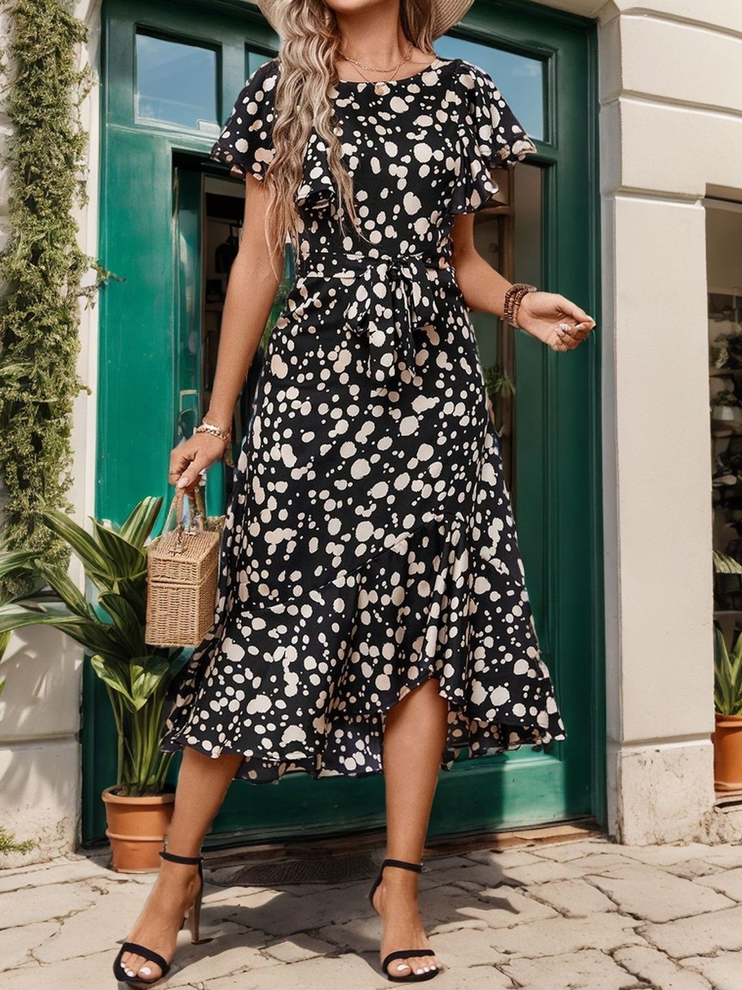 Print Flutter Sleeve Fit & Flare Midi Dress