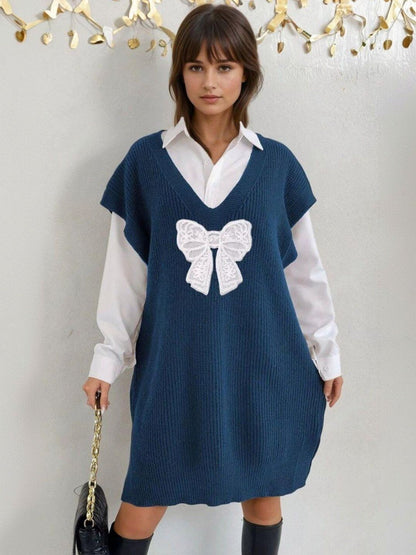 Ribbed Longline Sweater Vest with Applique Detail in Blue acrylic - Nowi Korean Fashion