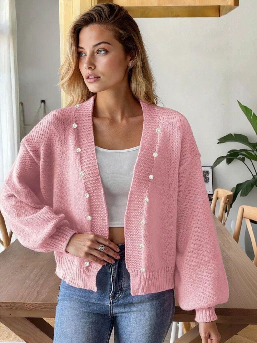 Cardigan in Pink acrylic Long Sleeve - Nowi Korean Fashion
