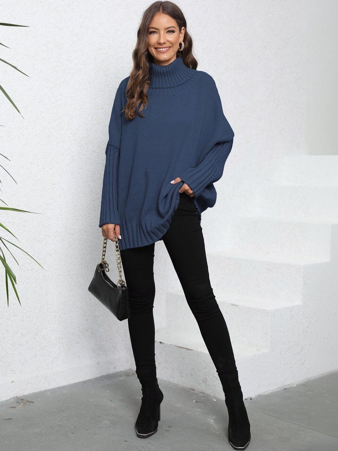 Pullover in Blue acrylic Long Sleeve - Nowi Korean Fashion
