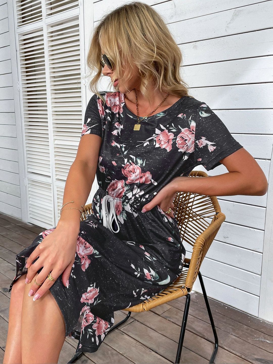 Floral Print Sheath Midi Dress in Black cotton - Nowi Korean Fashion