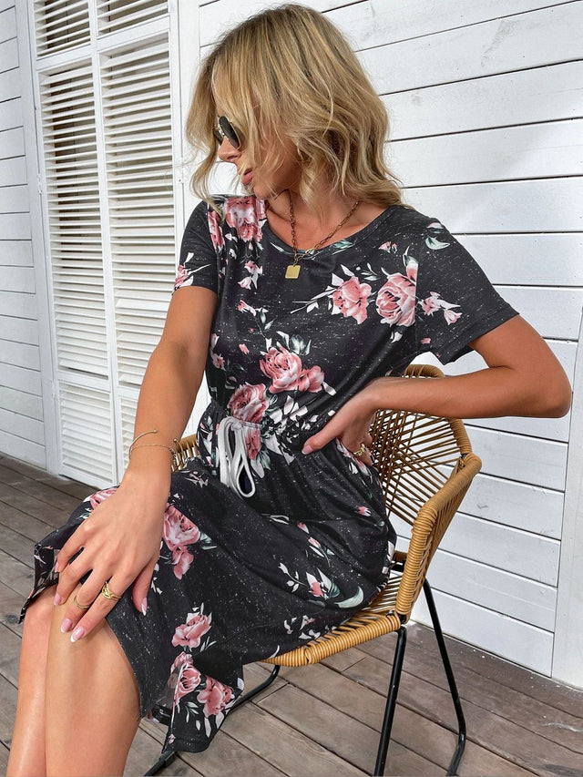 Floral Print Sheath Midi Dress in Black cotton - Nowi Korean Fashion