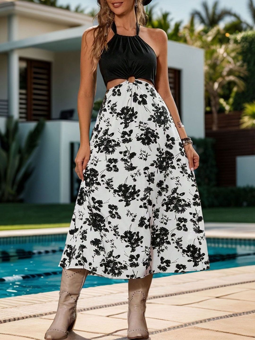 Floral Print Halter Neck Fit & Flare Midi Dress in White cotton - Nowi Korean Fashion