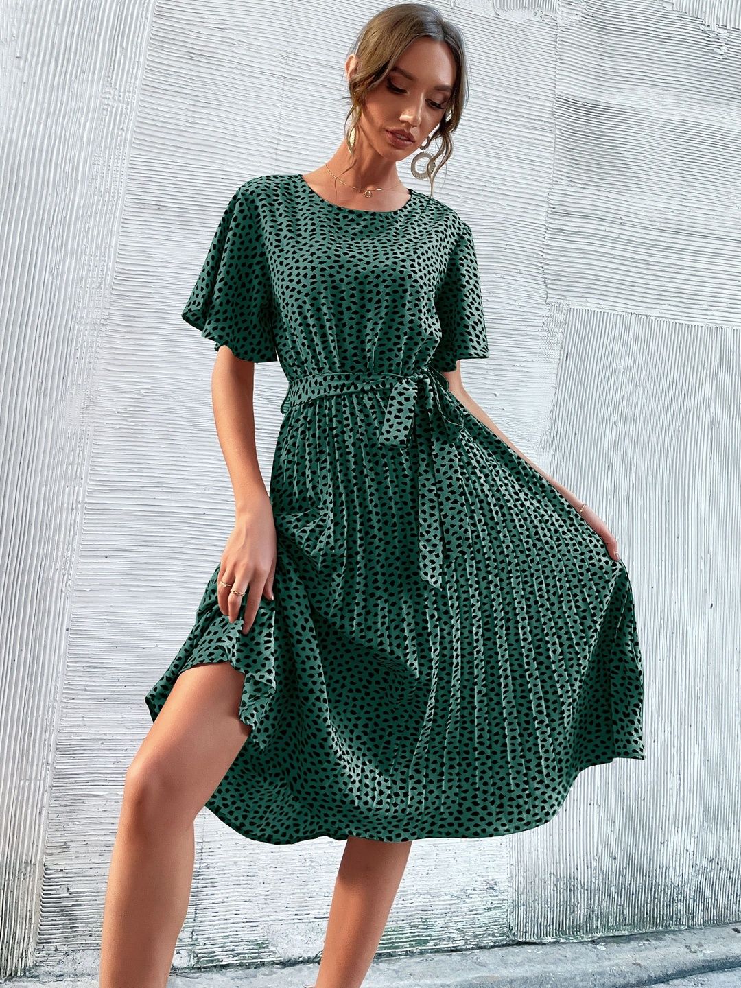 Polka Dot Print Flared Sleeve Fit & Flare Midi Dress