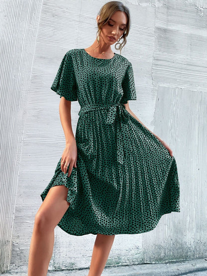 Polka Dot Print Flared Sleeve Fit & Flare Midi Dress