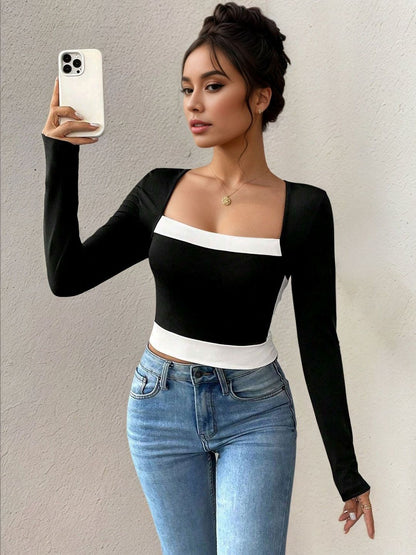 Black Colourblocked Crop Top with Square Neck polyester - Nowi Korean Fashion