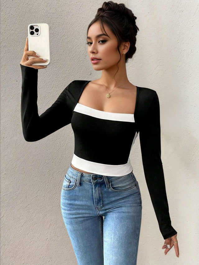 Black Colourblocked Crop Top with Square Neck polyester - Nowi Korean Fashion