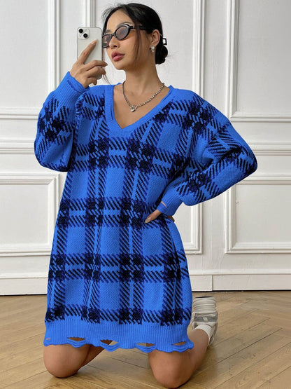 Women Checked Pullover with Fuzzy Detail
