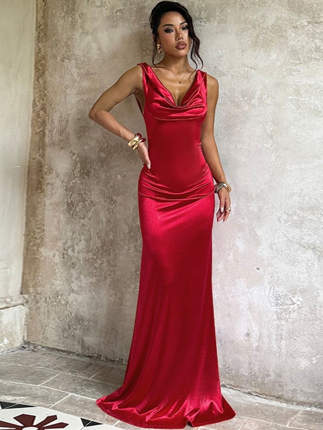 Cowl Neck Sheath Maxi Dress in Red polyester - Nowi Korean Fashion