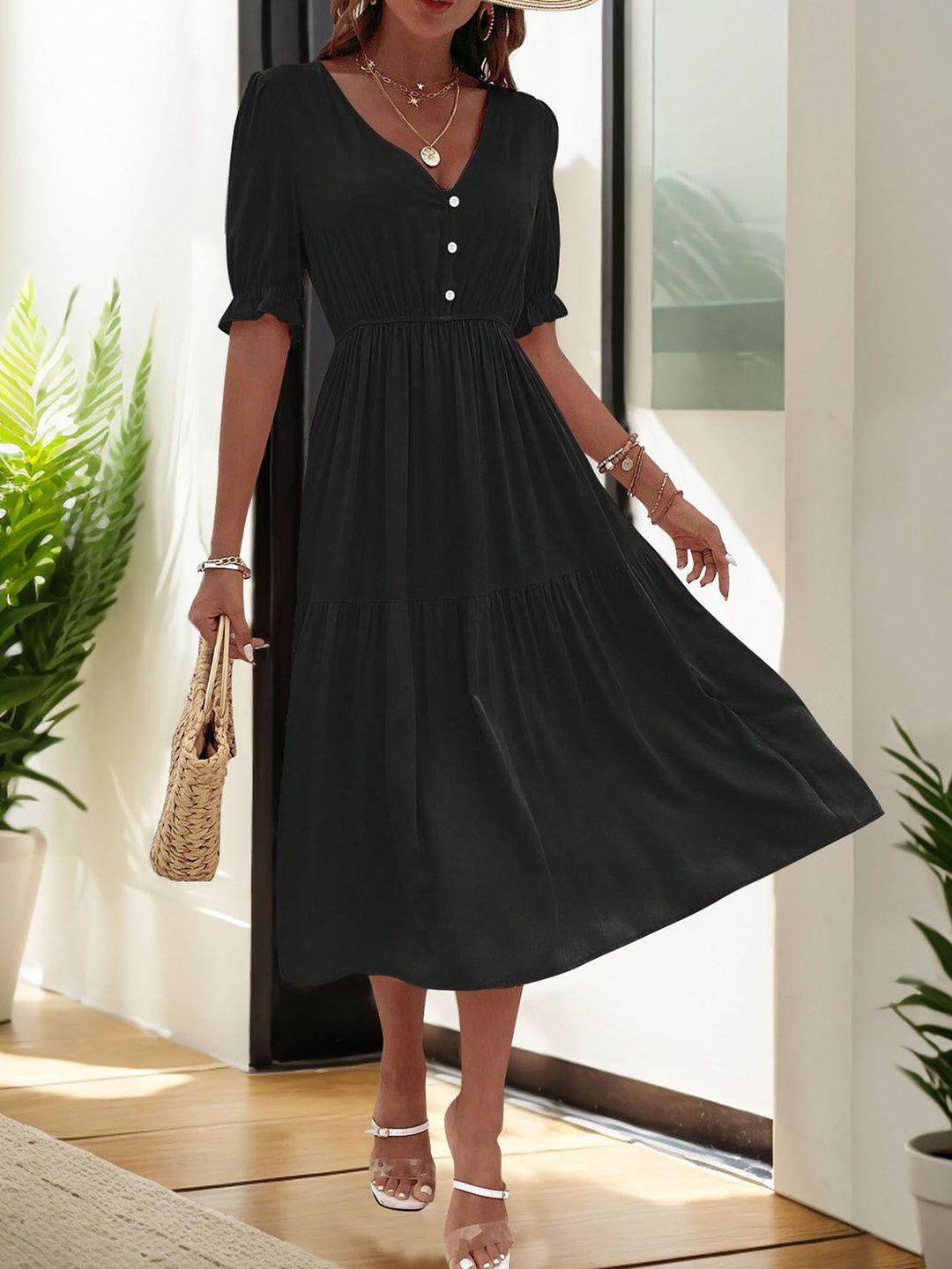 Puff Sleeve A-Line Midi Dress