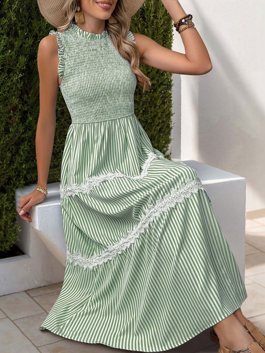 Striped Flutter Sleeve A-Line Midi Dress