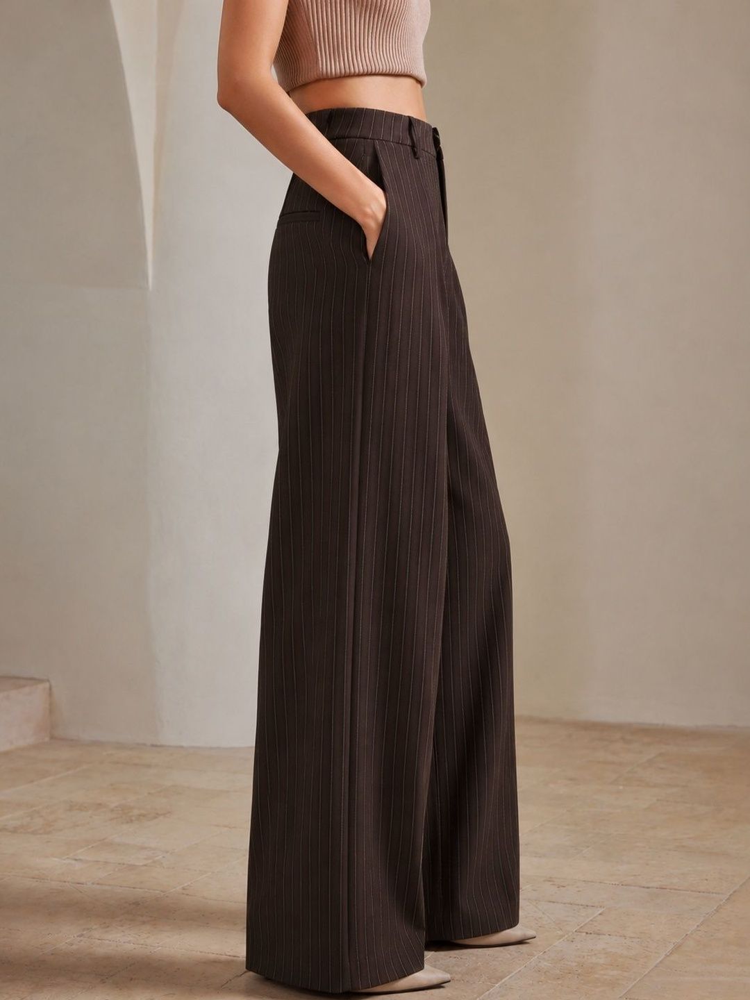 Women Striped Relaxed High-Rise Easy Wash Pleated Trousers