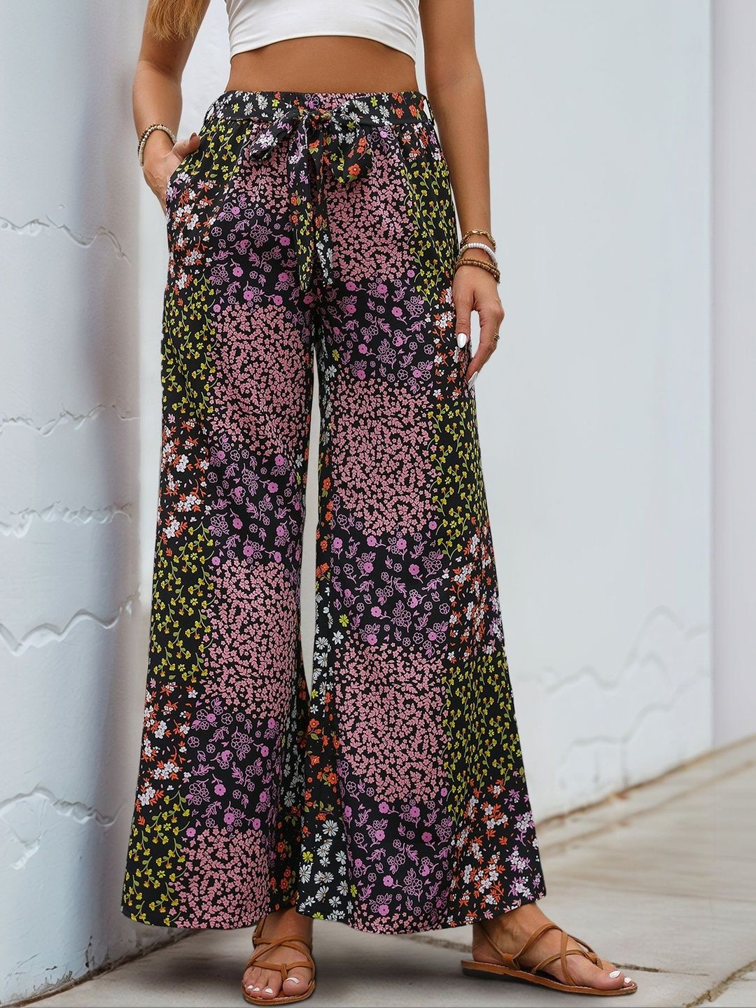 Floral Printed Non Iron Trousers in Black cotton - Nowi Korean Fashion