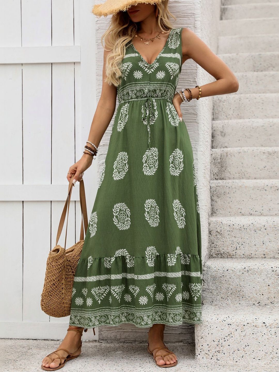 Green Bohemian Ethnic Maxi Dress
