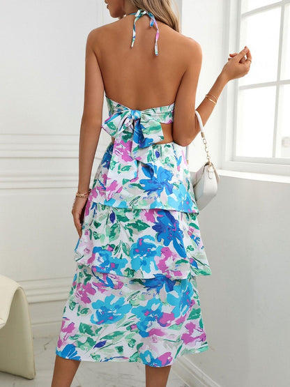 Floral Print Halter Neck Fit & Flare Midi Dress