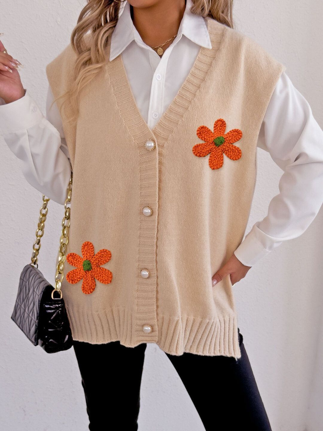 Women Sweater Vest with Applique Detail