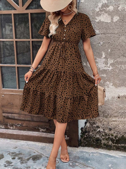Polka Dot Printed Flared Sleeve A-Line Midi Dress in Brown polyester - Nowi Korean Fashion